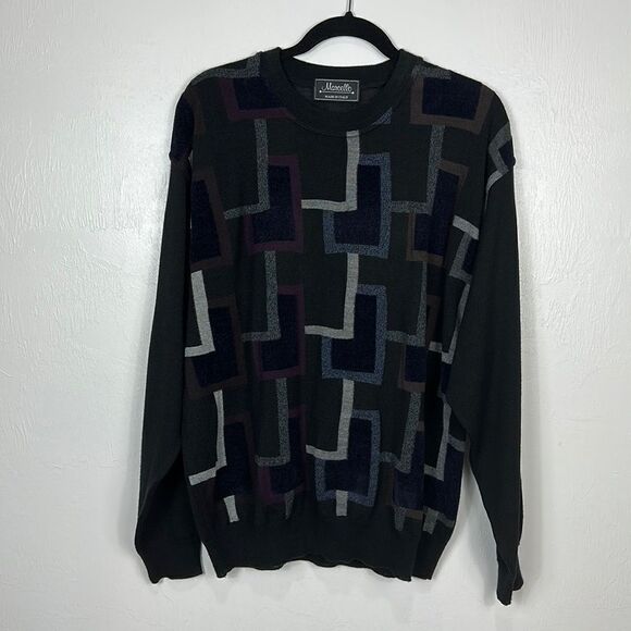 Marcello Italy Wool Blend Black Geo Print Crew Neck Pullover Sweater Size L - Picture 1 of 9